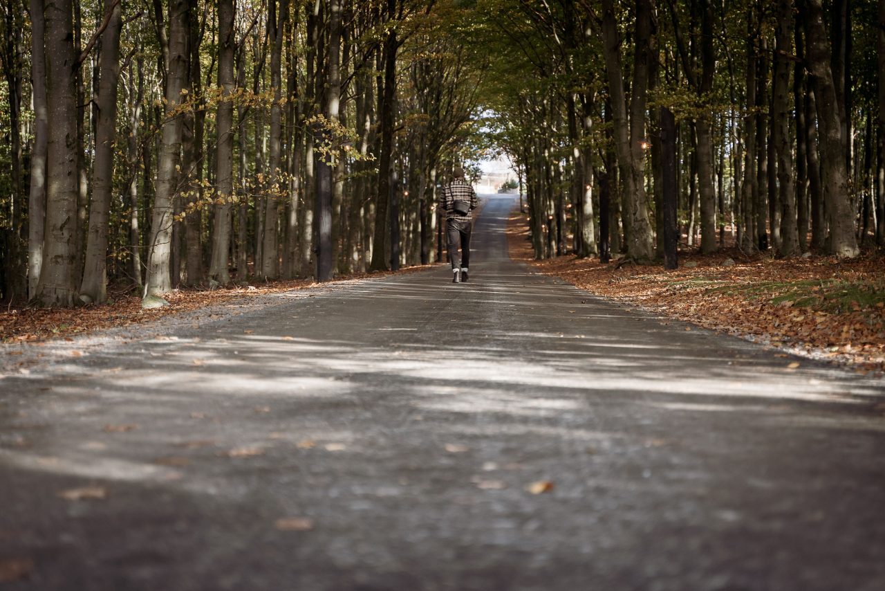 Cyklist i allén till The Lodge en höstdag